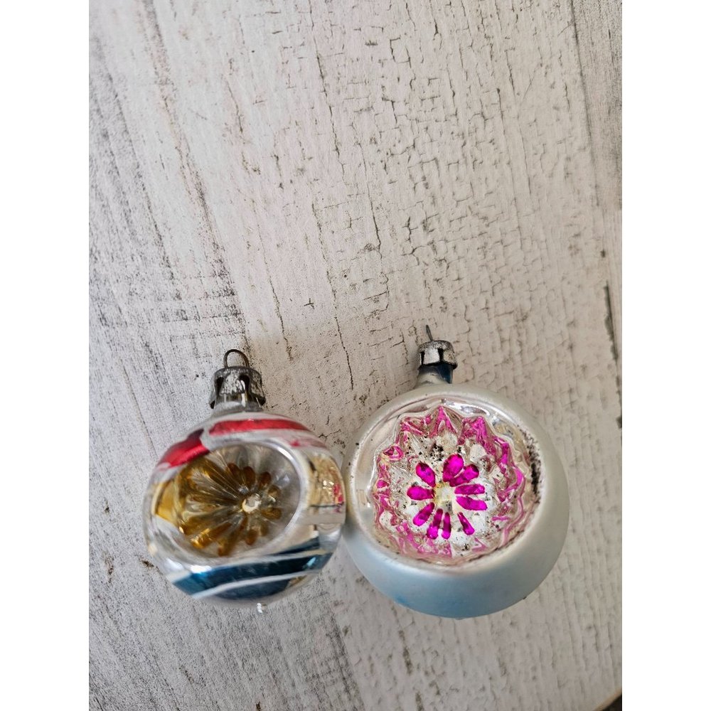 Antique Poland mini indent ball ornament‎ glass mercury reflector striped silver